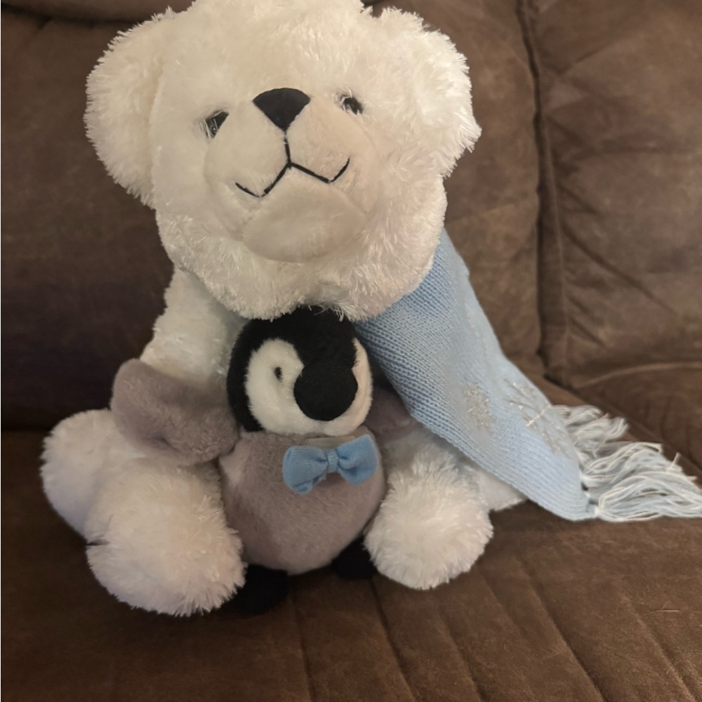 Bearington Collection Toby and Tux White Bear and Penguin Plush Set NWOT